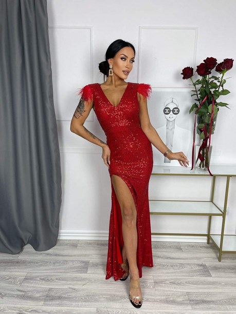 Sukienka długa cekiny pióra dekolt czerwień