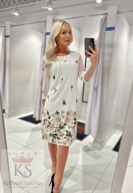 Sukienka krótka siateczka rękawek róże biel