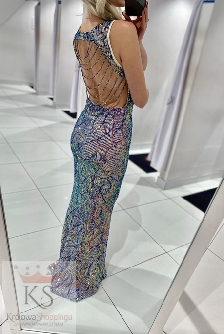 Sukienka długa cekiny odkryte plecy niebieski