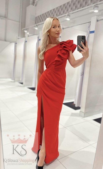 Sukienka długa asymetria falbana pióra czerwień