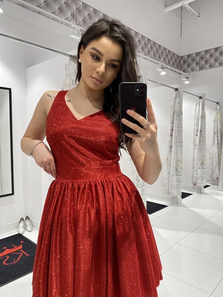 Sukienka krótka rozkloszowana brokatowa czerwony