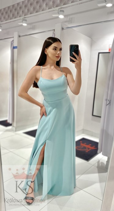 Sukienka długa ramiączka wiązanie szałwia