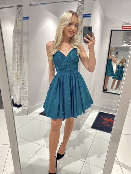 Sukienka krótka na ramiączkach brokat morski