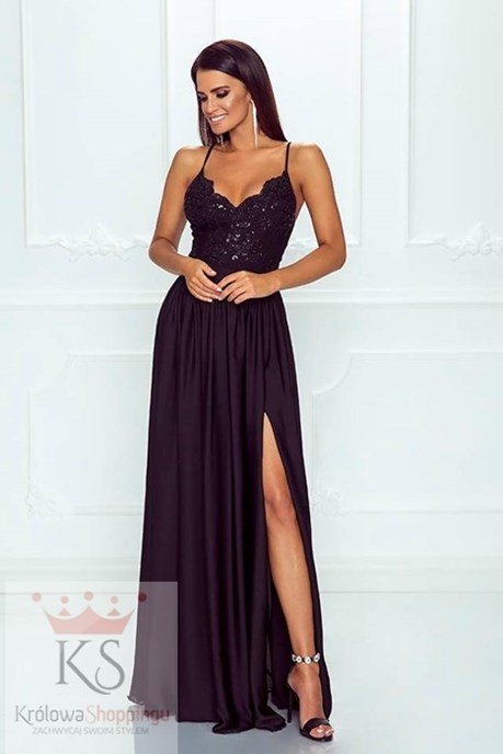 Sukienka długa ramiączka koronka czarny