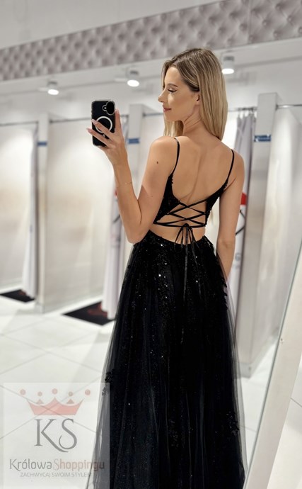 Sukienka długa tiul brokat gorset haft czerń