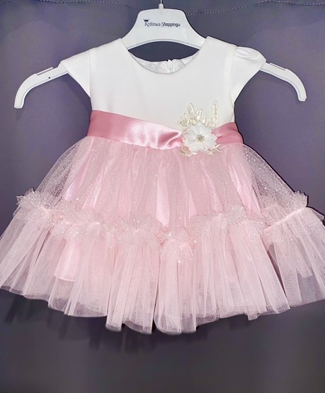 Sukienka dziecięca tiul brokat kwiat biel/róż