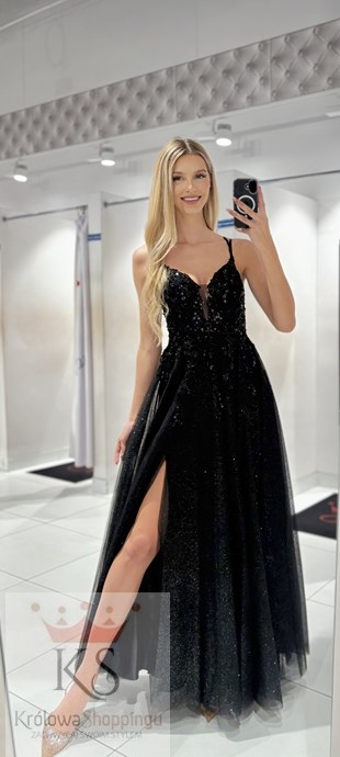 Sukienka długa gorset tiul brokat czerń