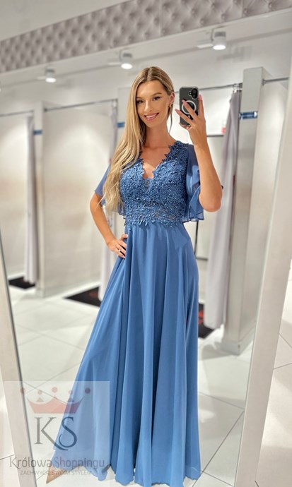 Sukienka długa zdobiona góra rękawek jeans