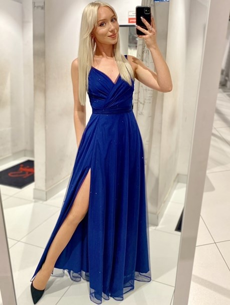 Sukienka długa na ramiączkach tiul brokat chaber