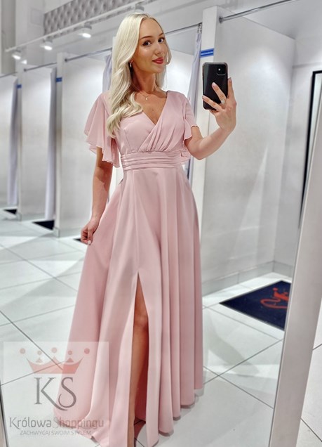 Sukienka długa pas rękawek pudrowy róż