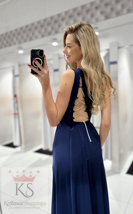 Sukienka długa asymetria wiązanie plecy granat