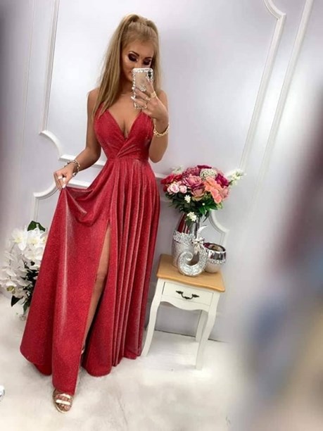 Sukienka długa brokatowa odkryte plecy czerwień