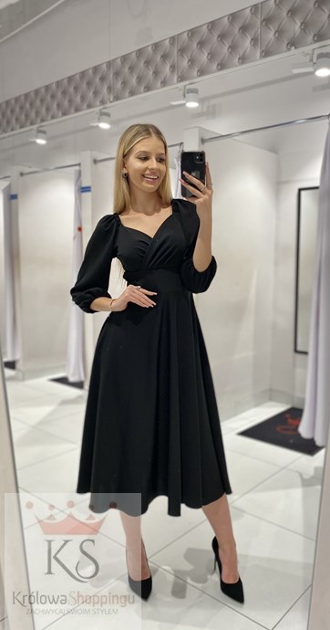 Sukienka midi rękawek 3/4 pas czerń