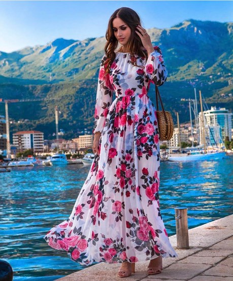 Sukienka długa długi rękaw kwiaty róż-biały