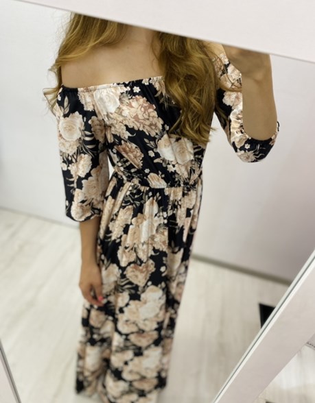 Sukienka długa długi rękaw beżowe róże czerń