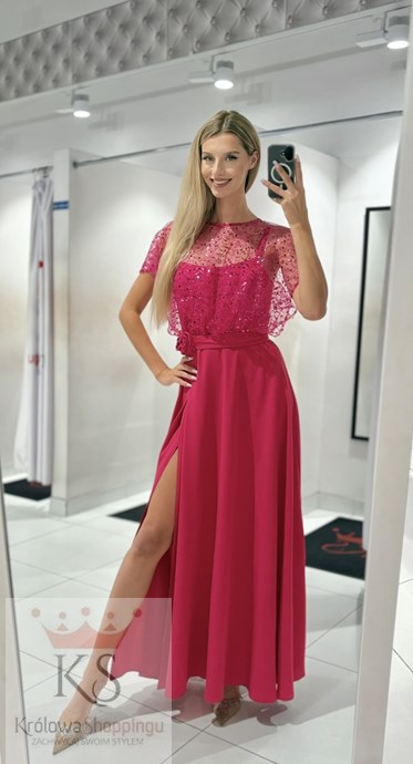 Sukienka długa z narzutką cekiny róża fuksja