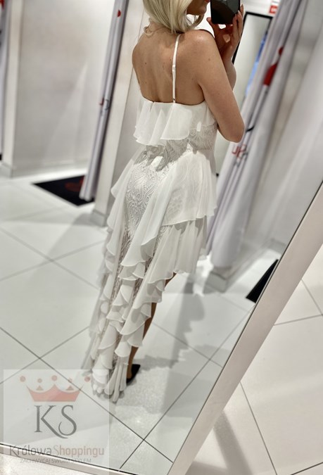 Sukienka asymetryczna falbanka koronka biel