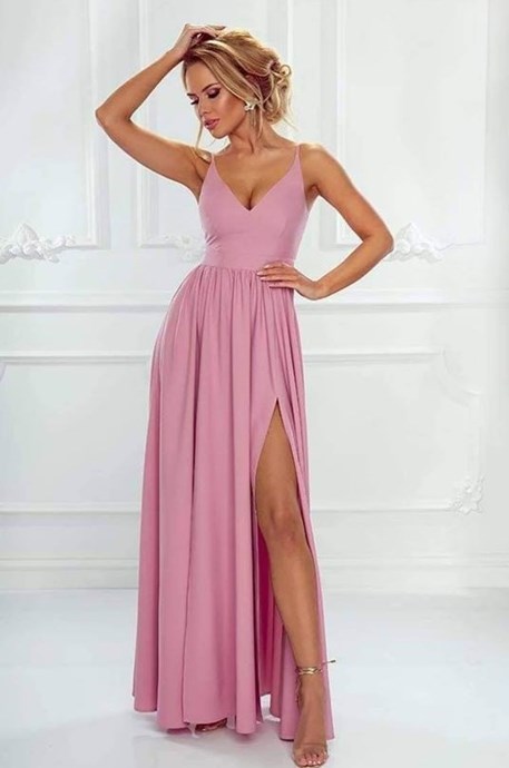 Sukienka długa prosta dwa rozcięcia wrzos