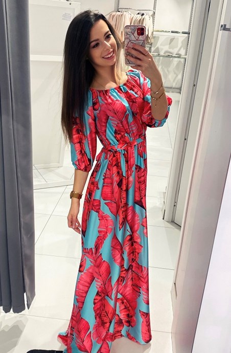 Sukienka długa długi rękaw kwiaty niebieski/róż