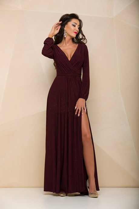 Sukienka długa brokat na długi rękaw bordo