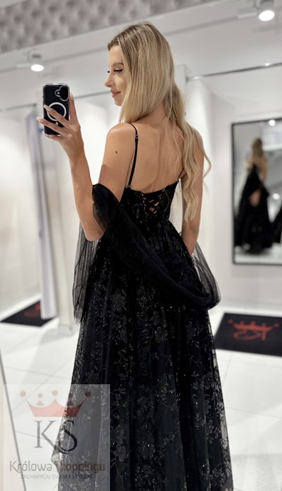 Sukienka długa balowa brokatowe kwiaty czerń