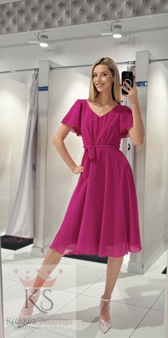 Sukienka krótka rękawek pasek połysk fuksja