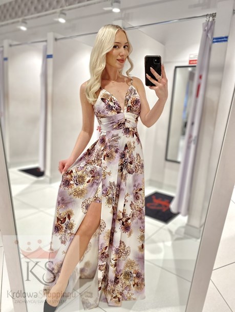 Sukienka długa kwiaty na ramiączkach dekolt szary