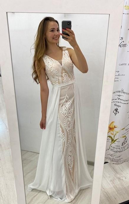 Sukienka długa cekiny biel/krem