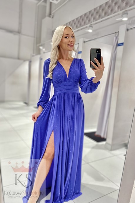 Sukienka długa brokat długi rękaw fiolet