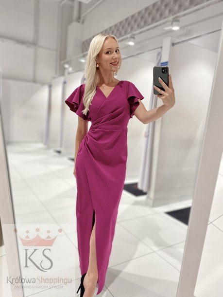 Sukienka długa dopasowana falbana rękaw fiolet