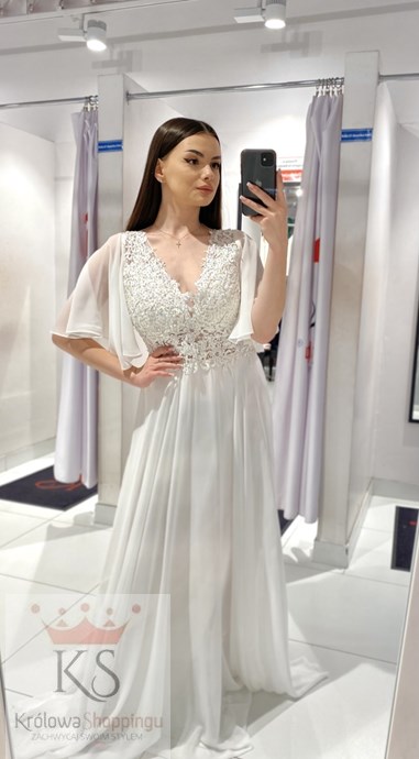 Sukienka długa zdobiona góra rękawek biel