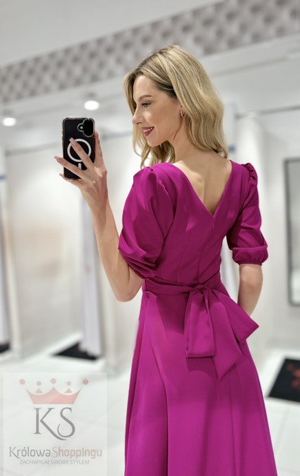 Sukienka midi rękawek 3/4 pas wiązanie fuksja