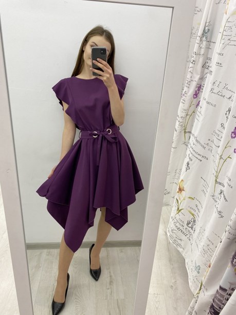 Sukienka asymetryczna falbanka pasek fiolet