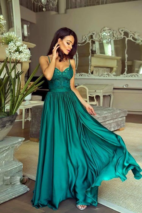 Sukienka długa ramiączka koronka zielony