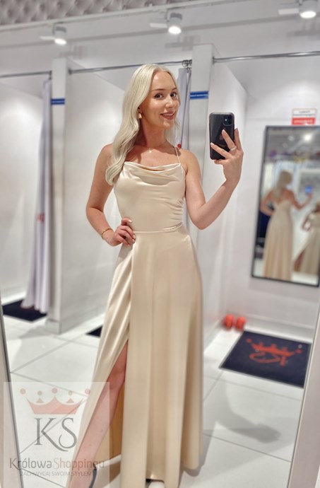 Sukienka długa satynowa wiązanie szyja krem