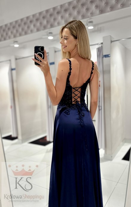 Sukienka długa ramiączka gorset zdobienie granat
