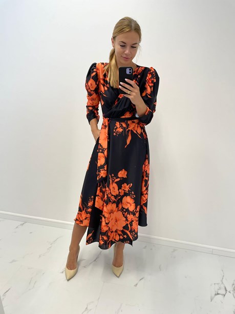 Sukienka midi koszulowa długi rękaw kwiaty