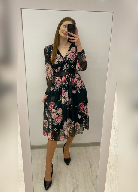 Sukienka midi rękaw pasek zwiewna kwiat zieleń/róż