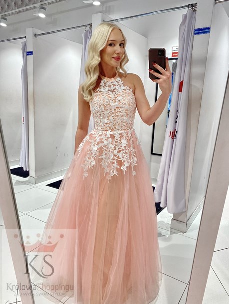 Sukienka długa tiul koronka na szyję łosoś