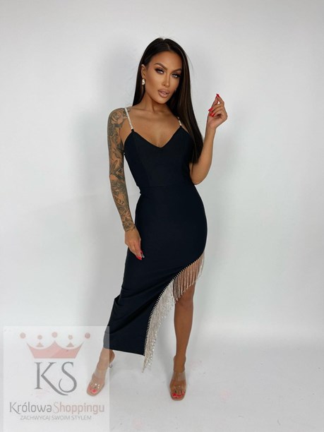 Sukienka długa ramiączka kryształki czerń
