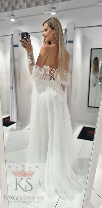 Sukienka długa gorset rękawek koronka tiul biel