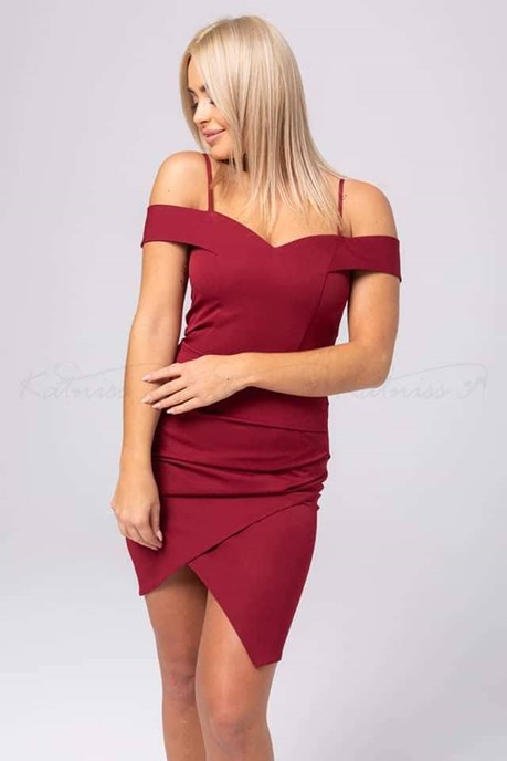 Sukienka krótka opadające ramiona bordo