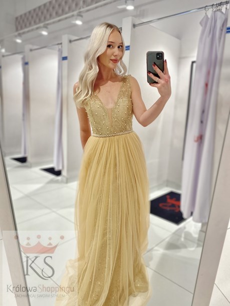 Sukienka długa tiulowa ozdobna góra złoto