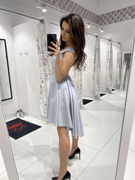 Sukienka krótka asymetryczna zakład. dekolt szary