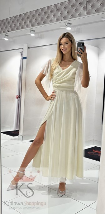 Sukienka długa rękawek ozdoba brokat złoto