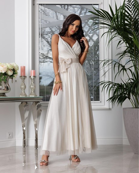 Sukienka długa na ramiączkach tiul brokat ecru