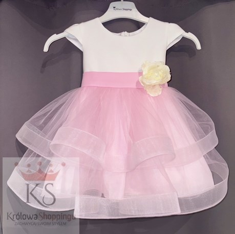 Sukienka dziecięca falbany ozdoba kwiatek biel/róż