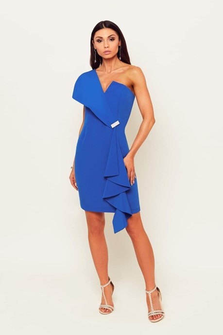 Sukienka krótka jedno ramię zakładka chabrowy