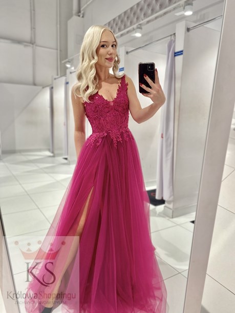Sukienka długa tiulowa gorset koronka fuksja