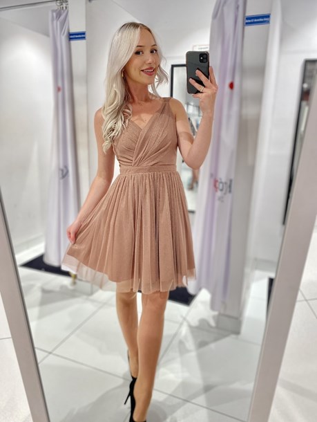 Sukienka krótka ramiączka pas tiul brokat kawa